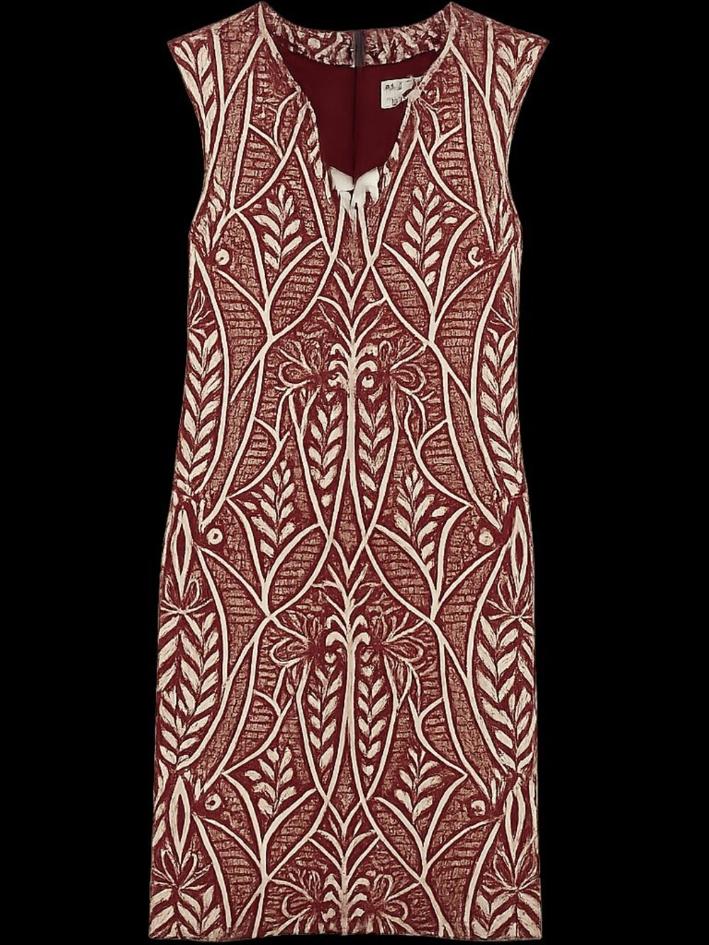 HD in Paris Red Ivory Jacquard Sheath Dress Floral Leaf Pattern